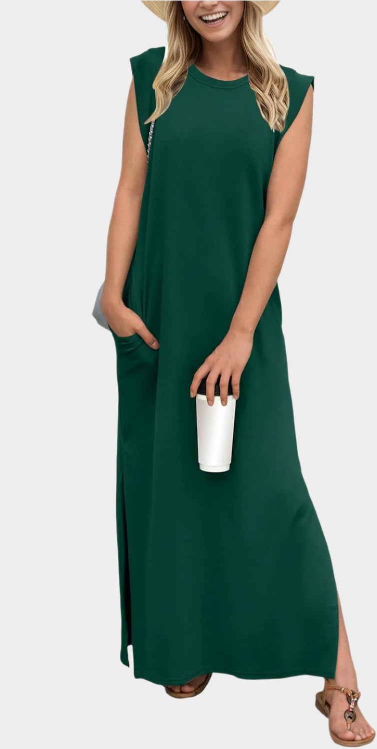 2025 Women Year-Round Casual Round Neck Loose Split Wrinkle-Free Long Maxi Vacation Dress with Pockets