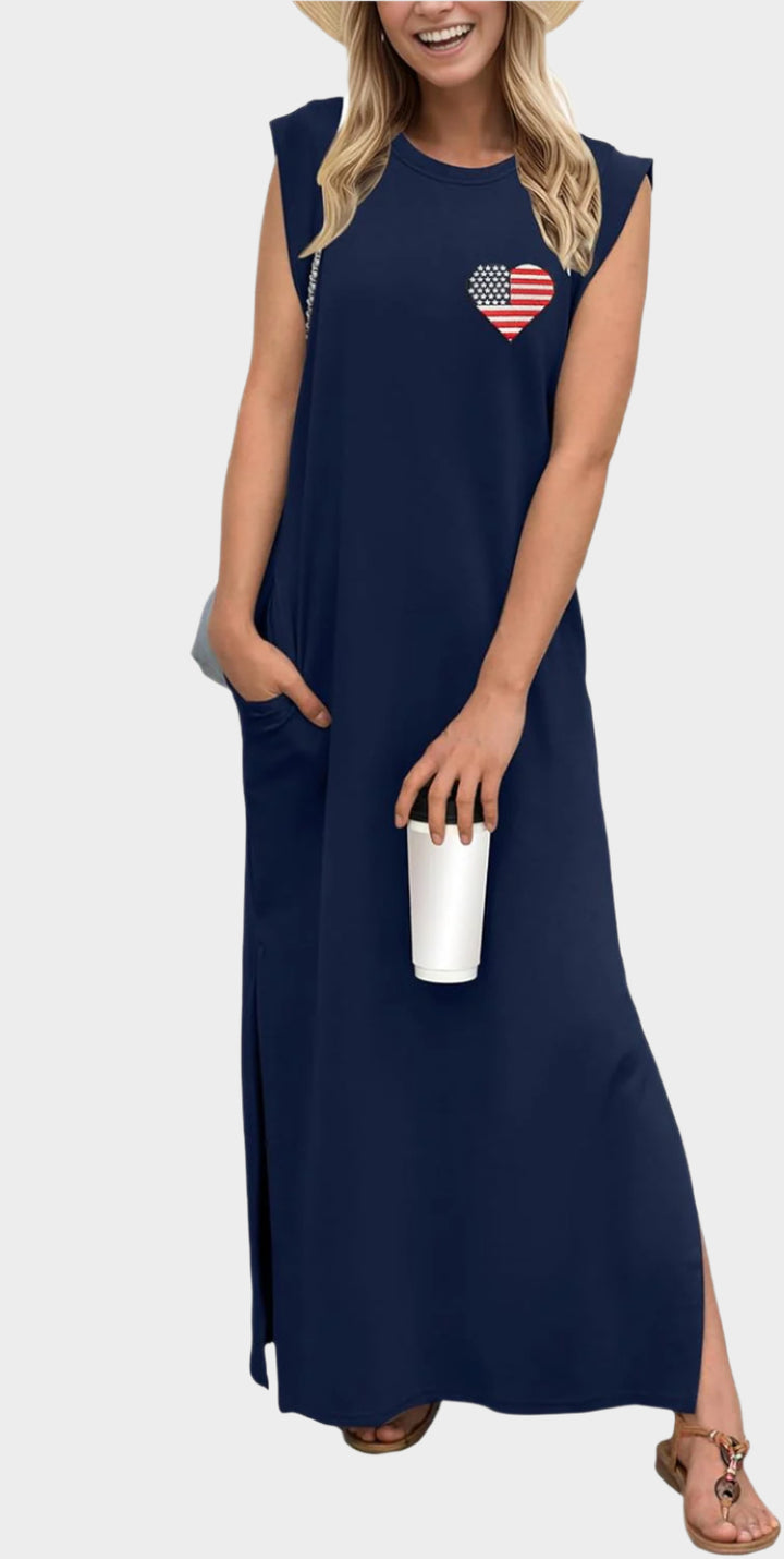 2025 Women Year-Round Casual Round Neck Loose Split Wrinkle-Free Long Maxi Vacation Dress with Pockets