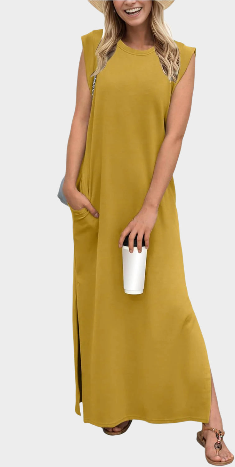 2025 Women Year-Round Casual Round Neck Loose Split Wrinkle-Free Long Maxi Vacation Dress with Pockets