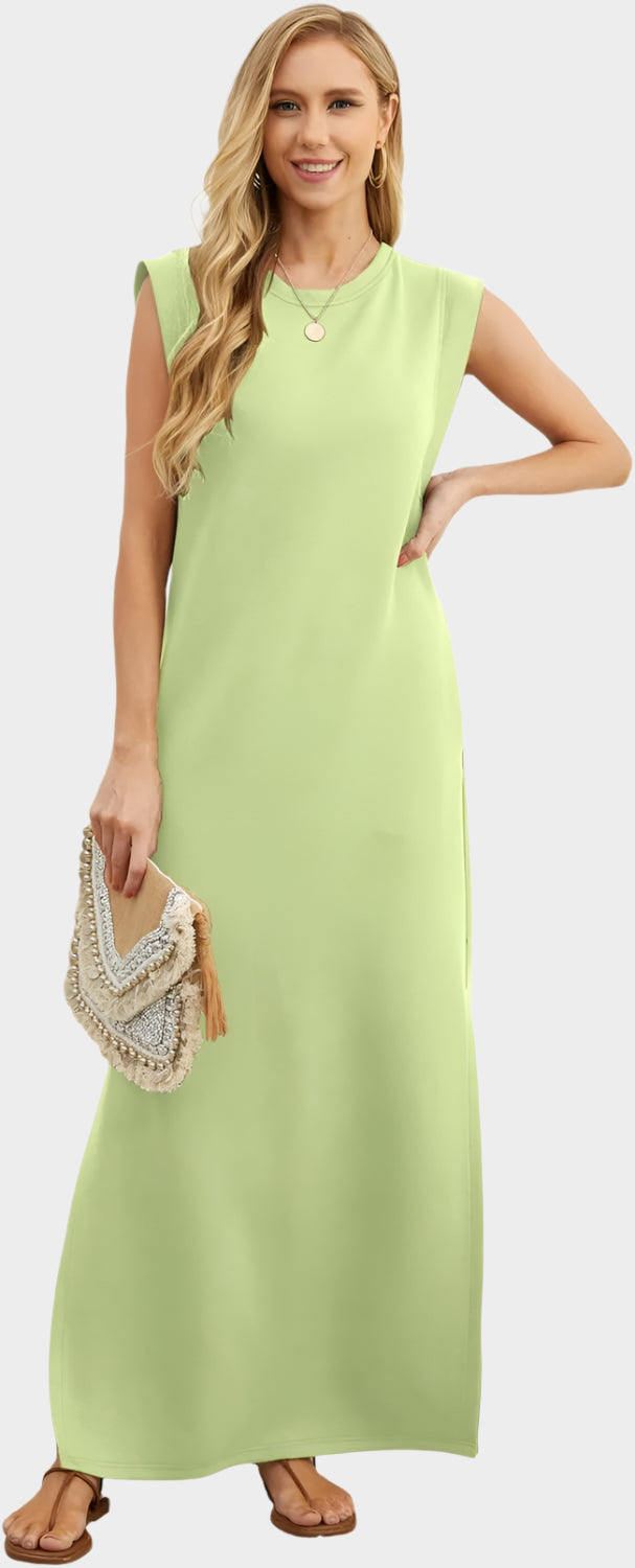 2025 Women Year-Round Casual Round Neck Loose Split Wrinkle-Free Long Maxi Vacation Dress with Pockets