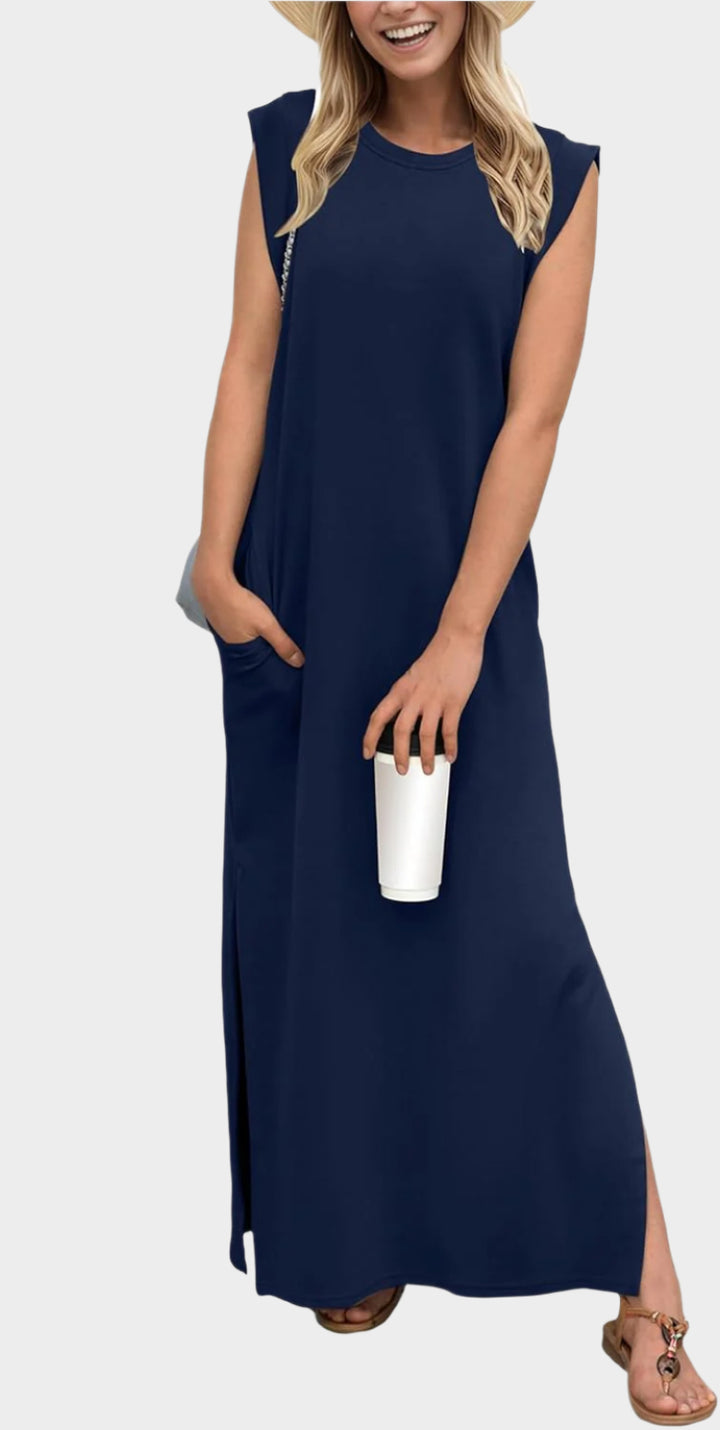 2025 Women Year-Round Casual Round Neck Loose Split Wrinkle-Free Long Maxi Vacation Dress with Pockets