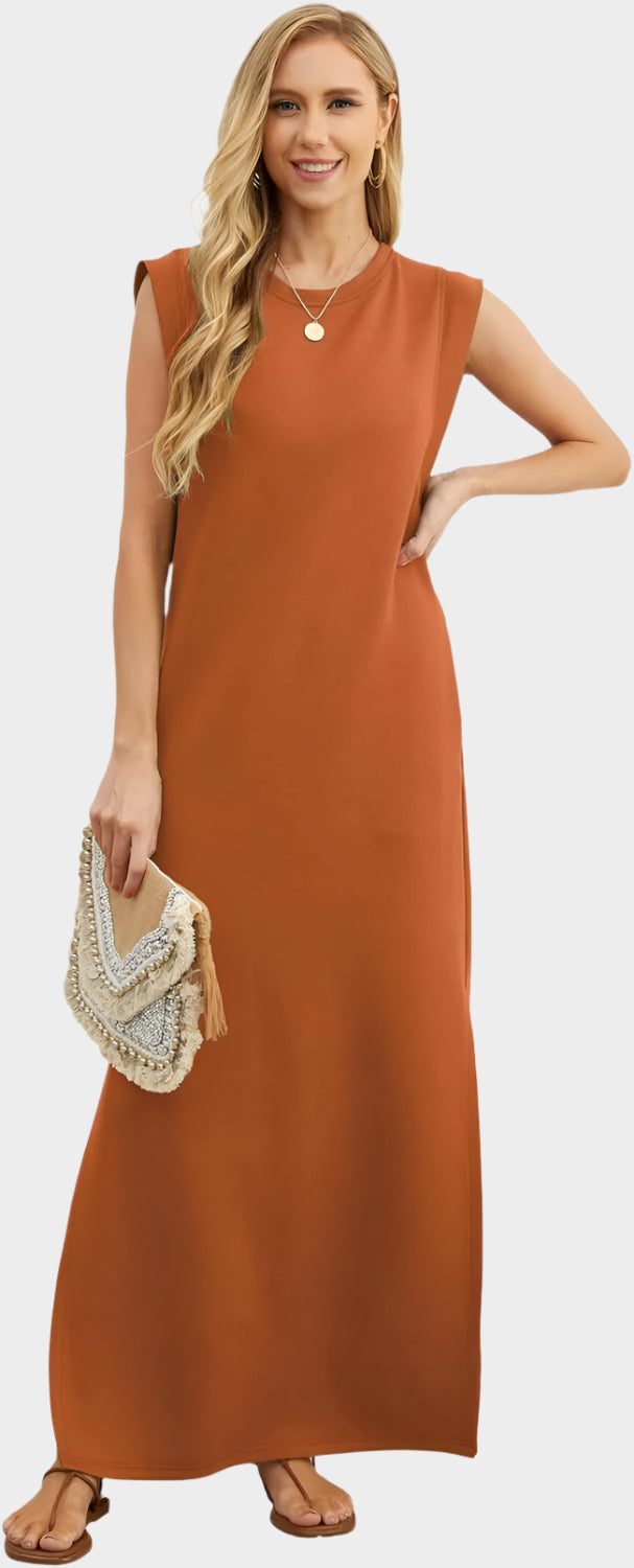 2025 Women Year-Round Casual Round Neck Loose Split Wrinkle-Free Long Maxi Vacation Dress with Pockets