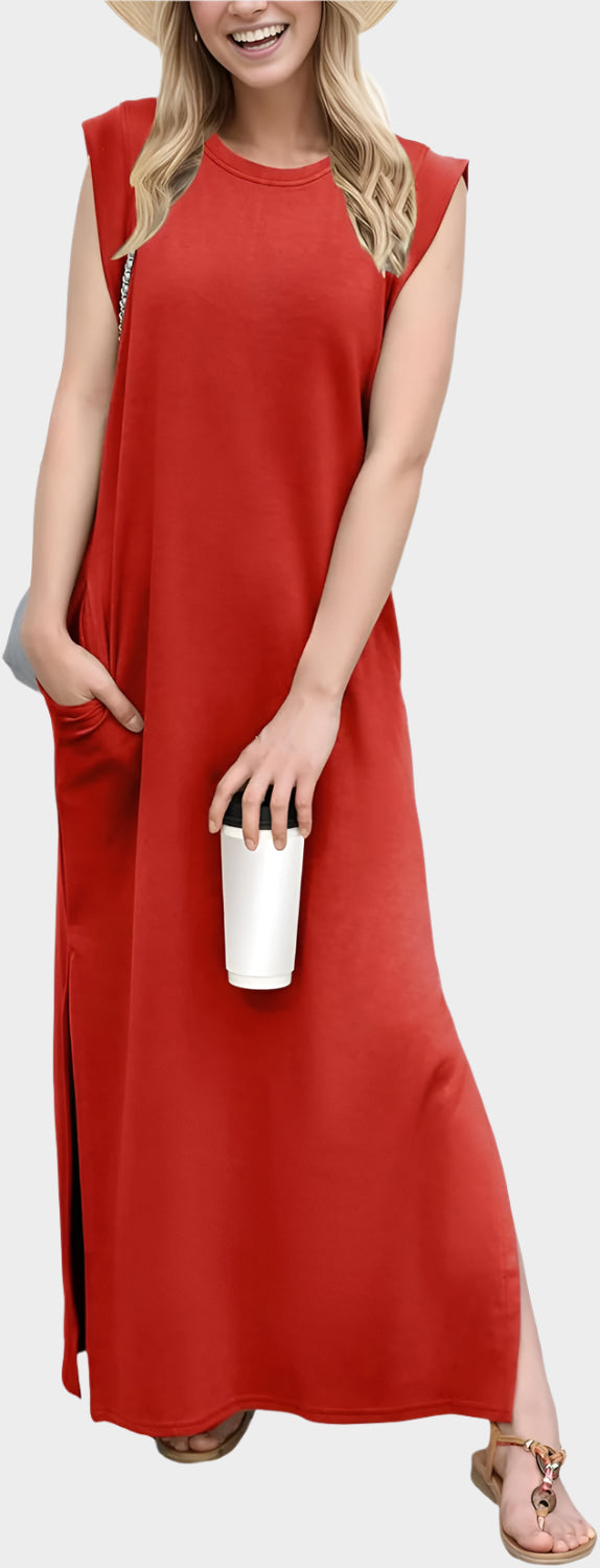 2025 Women Year-Round Casual Round Neck Loose Split Wrinkle-Free Long Maxi Vacation Dress with Pockets