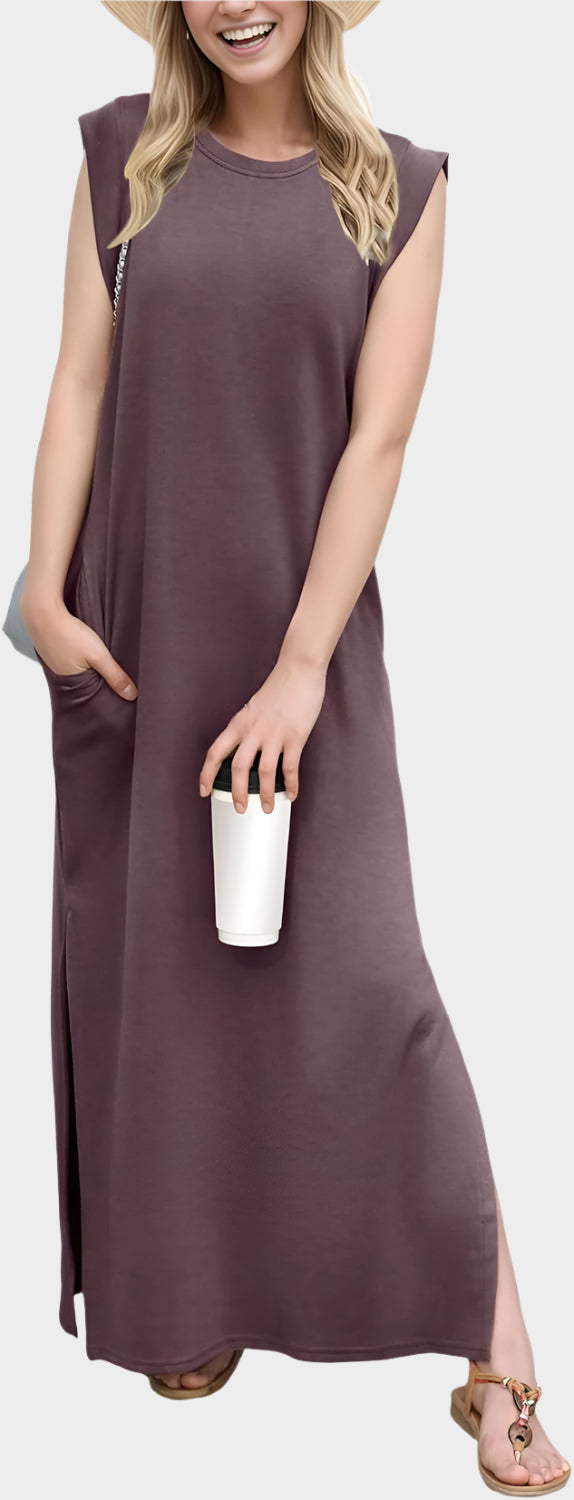 2025 Women Year-Round Casual Round Neck Loose Split Wrinkle-Free Long Maxi Vacation Dress with Pockets
