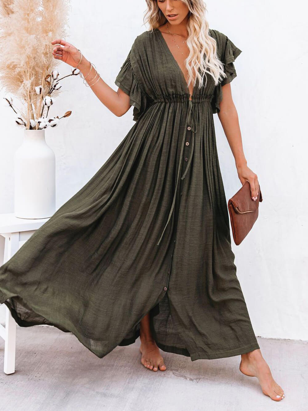 Buttoned Cotton Linen Perfect Boho Maxi Beach Dress