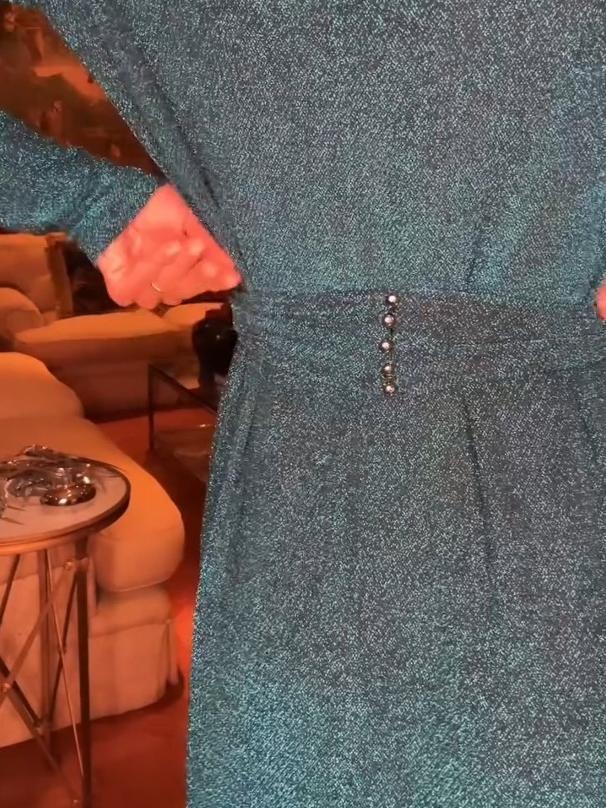 Blue Lurex Long Dress with Deep V-Neck