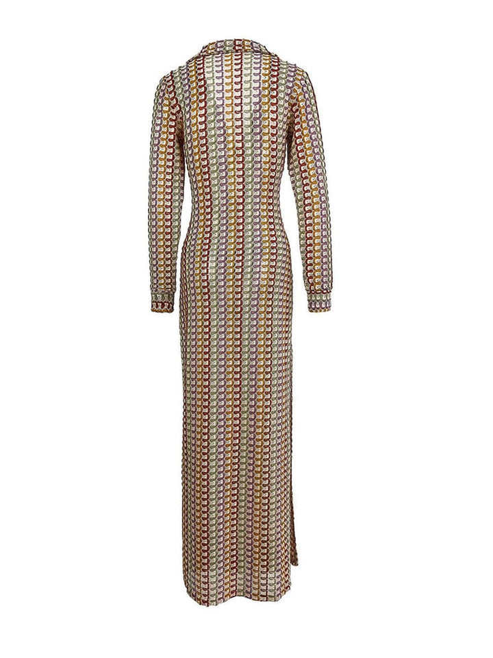 Boho V-neck Collar Ruffled Striped Crochet Beach Vacation Maxi Dress - Brown
