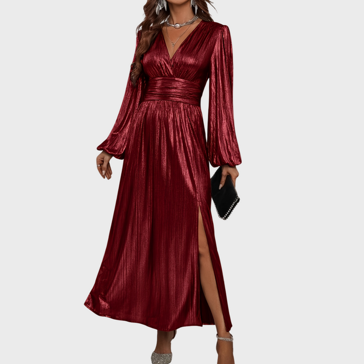 Metallic Long Sleeve Evening Dress