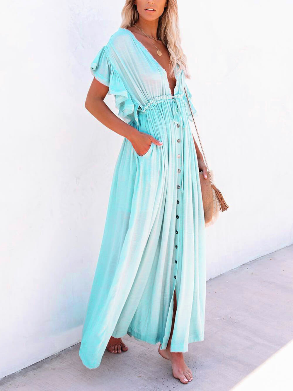 Buttoned Cotton Linen Perfect Boho Maxi Beach Dress