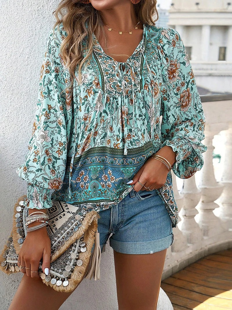 Boho Floral Lace-Up Blouse