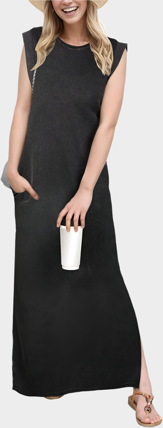2025 Women Year-Round Casual Round Neck Loose Split Wrinkle-Free Long Maxi Vacation Dress with Pockets
