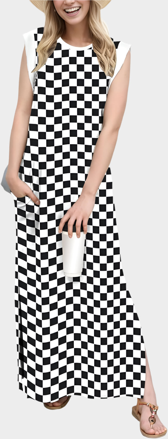 2025 Women Year-Round Casual Round Neck Loose Split Wrinkle-Free Long Maxi Vacation Dress with Pockets