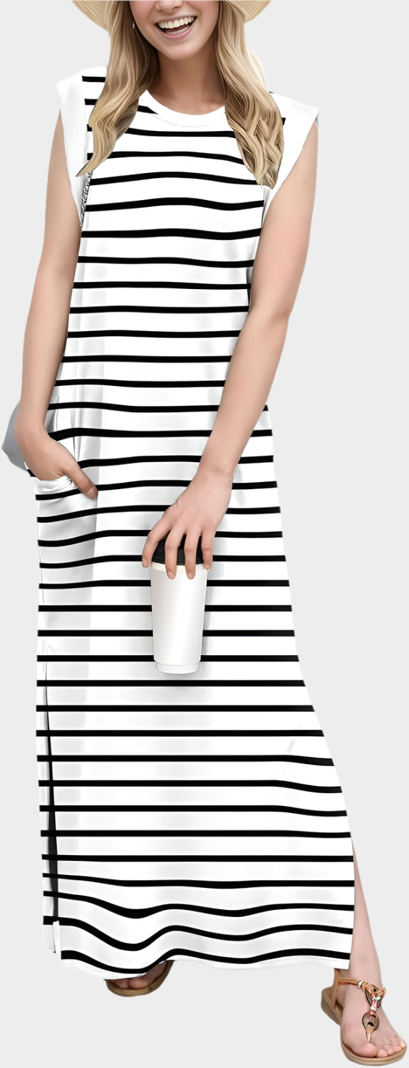 2025 Women Year-Round Casual Round Neck Loose Split Wrinkle-Free Long Maxi Vacation Dress with Pockets