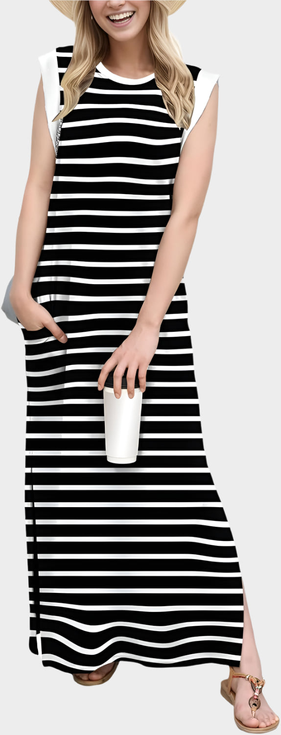 2025 Women Year-Round Casual Round Neck Loose Split Wrinkle-Free Long Maxi Vacation Dress with Pockets