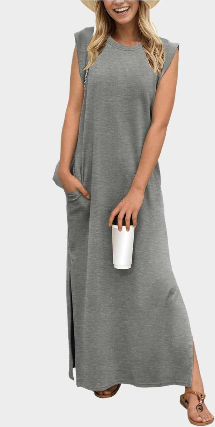 2025 Women Year-Round Casual Round Neck Loose Split Wrinkle-Free Long Maxi Vacation Dress with Pockets