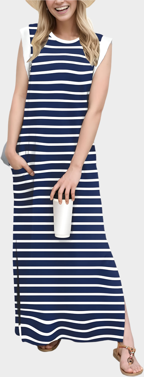 2025 Women Year-Round Casual Round Neck Loose Split Wrinkle-Free Long Maxi Vacation Dress with Pockets