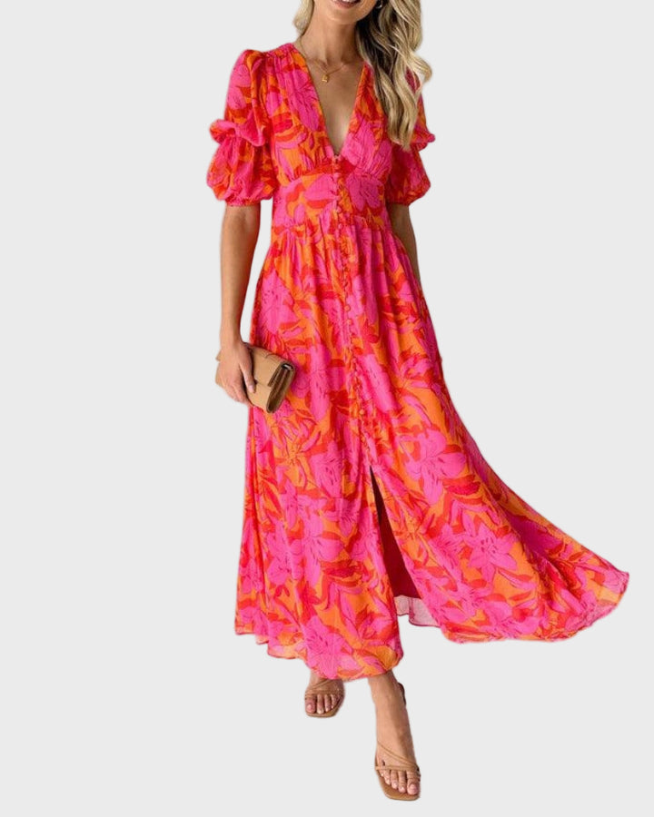 Vibrant Pink & Orange Floral Maxi Dress