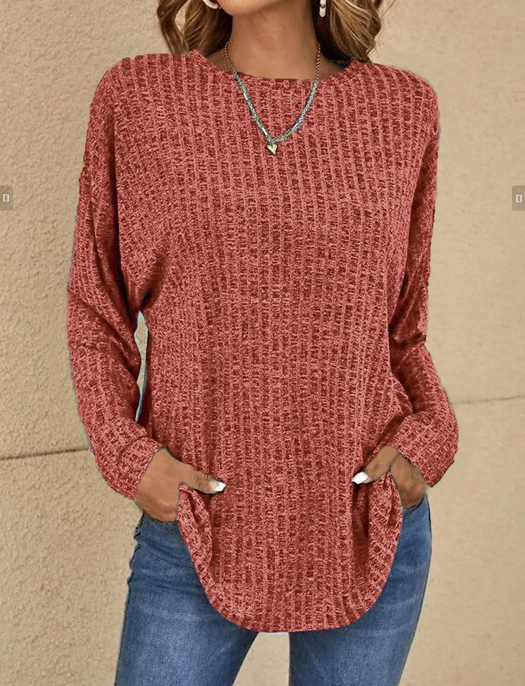 Casual Waffle Knit Long Sleeve Top