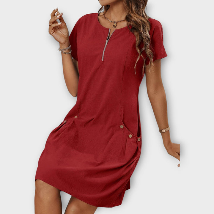 Mini Dress with Short Sleeves and Zipper at the Décolleté