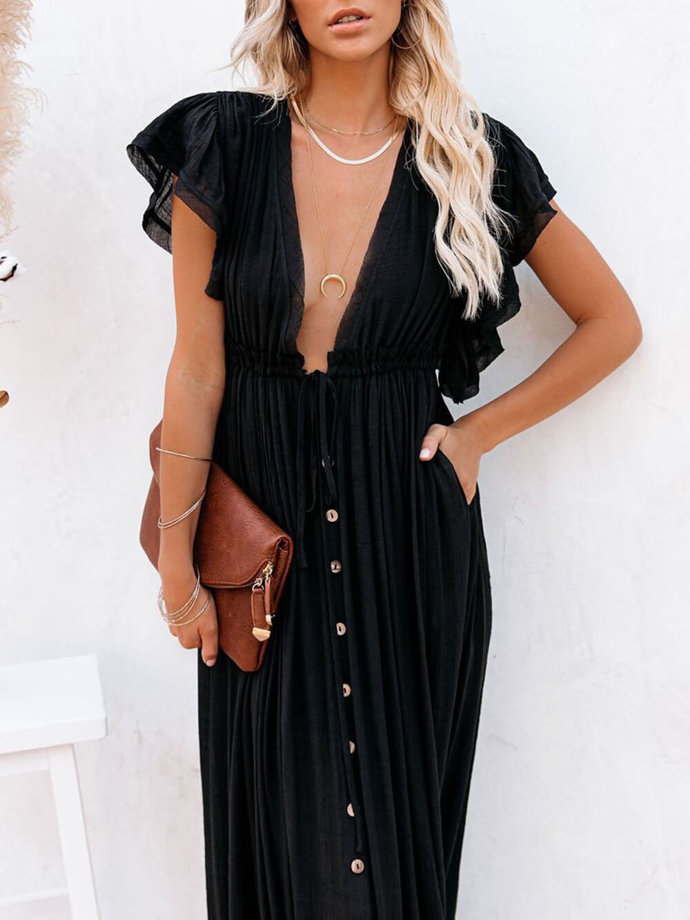 Buttoned Cotton Linen Perfect Boho Maxi Beach Dress