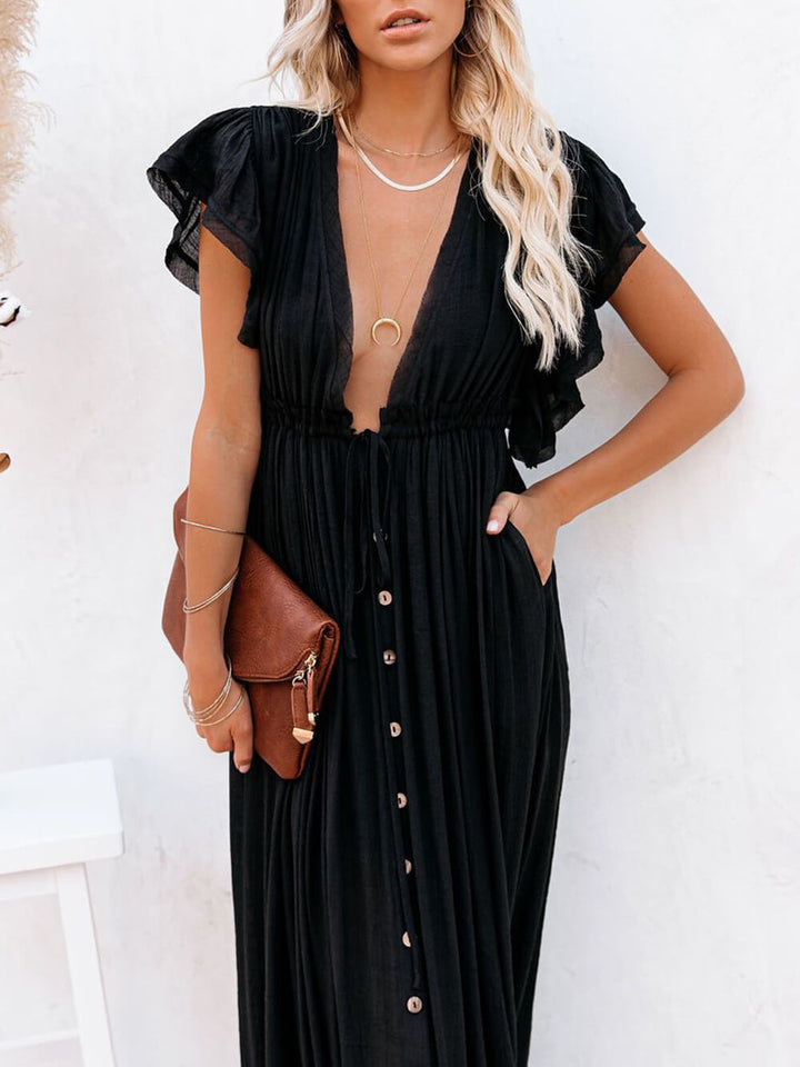 Buttoned Cotton Linen Perfect Boho Maxi Beach Dress