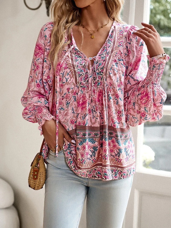 Boho Floral Lace-Up Blouse