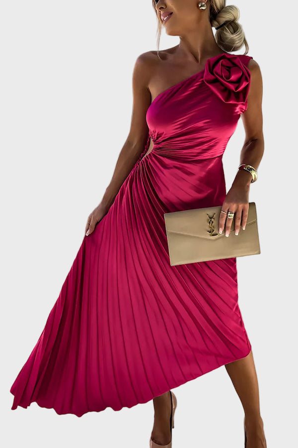 Scarlet Bloom One-Shoulder Pleated Dress
