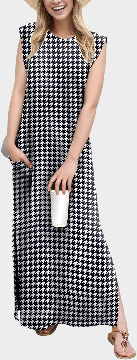 2025 Women Year-Round Casual Round Neck Loose Split Wrinkle-Free Long Maxi Vacation Dress with Pockets
