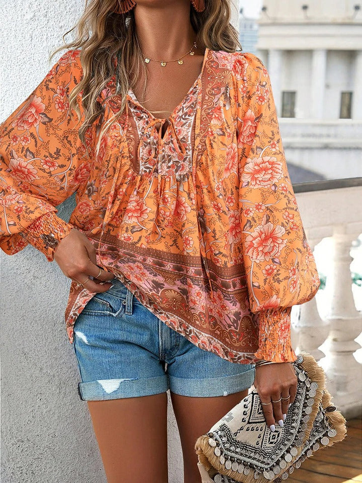 Boho Floral Lace-Up Blouse