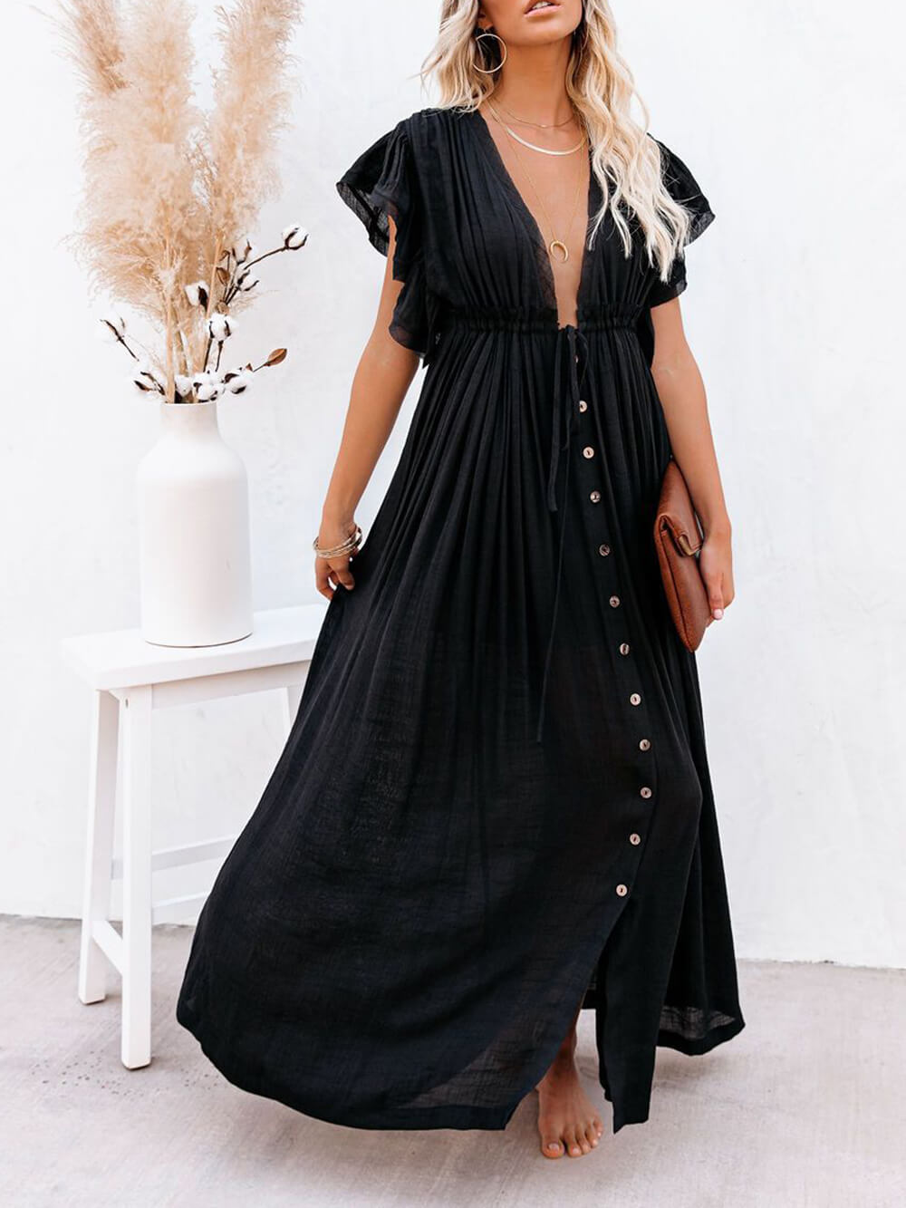 Buttoned Cotton Linen Perfect Boho Maxi Beach Dress
