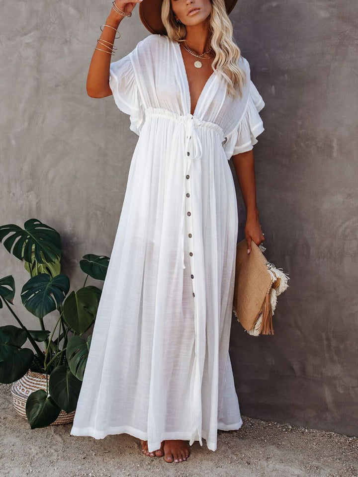 Buttoned Cotton Linen Perfect Boho Maxi Beach Dress