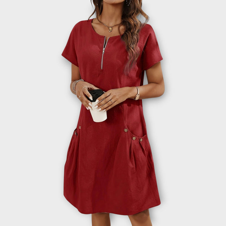 Mini Dress with Short Sleeves and Zipper at the Décolleté