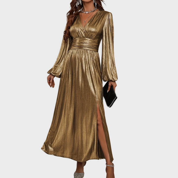 Metallic Long Sleeve Evening Dress