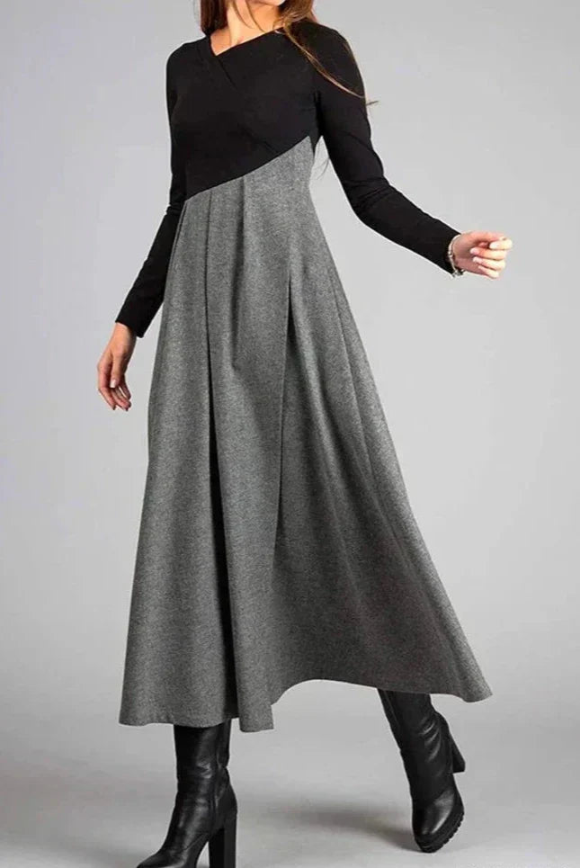 Two-Tone Pleated A-Line Maxi Dress