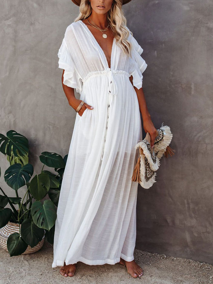 Buttoned Cotton Linen Perfect Boho Maxi Beach Dress
