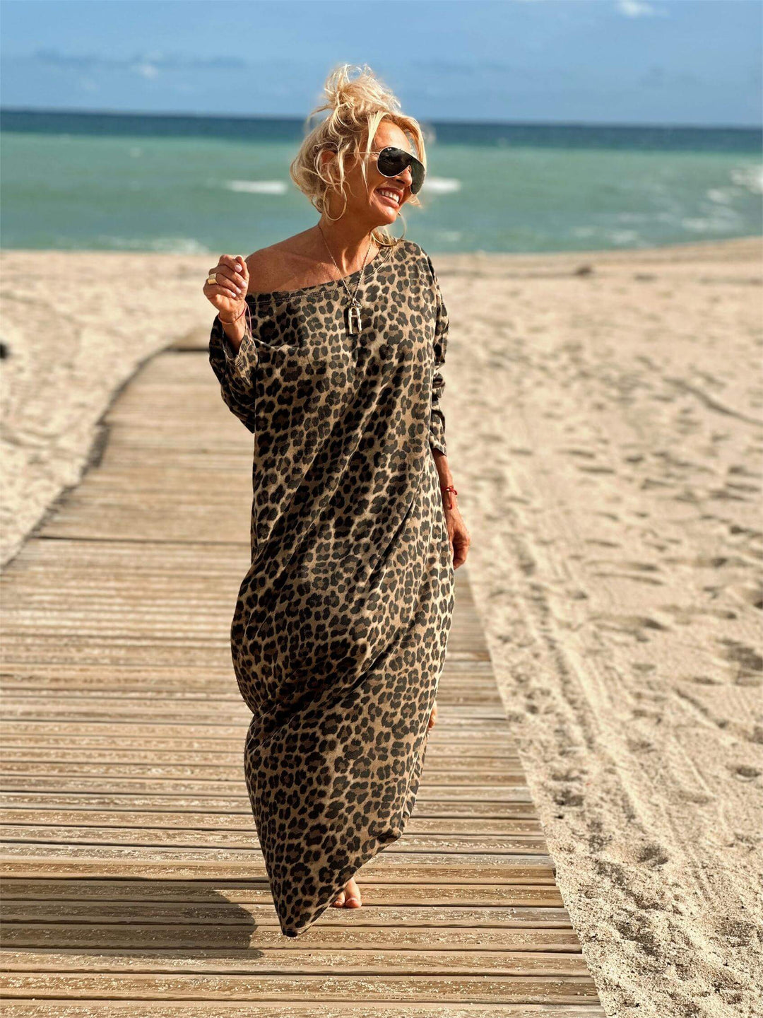 Camel Leopard Oversized Long Sleeve Dress