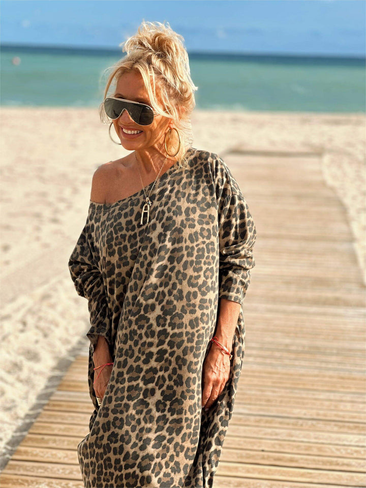 Camel Leopard Oversized Long Sleeve Dress