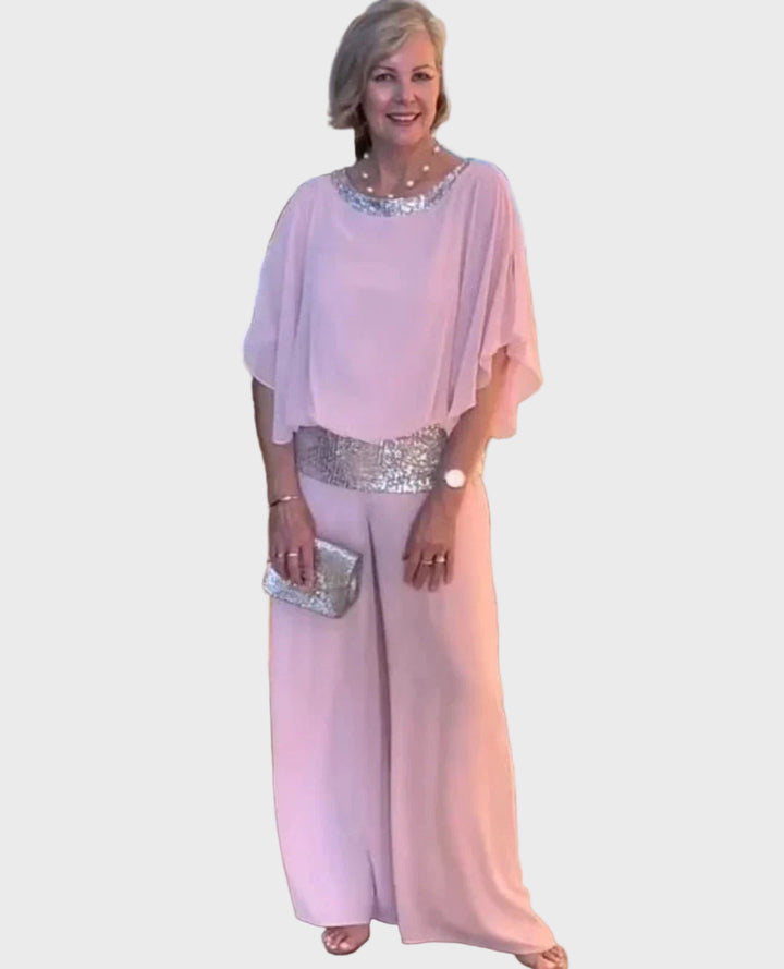 Blush Elegance Sequined Chiffon Pantsuit