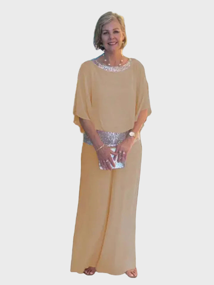 Blush Elegance Sequined Chiffon Pantsuit