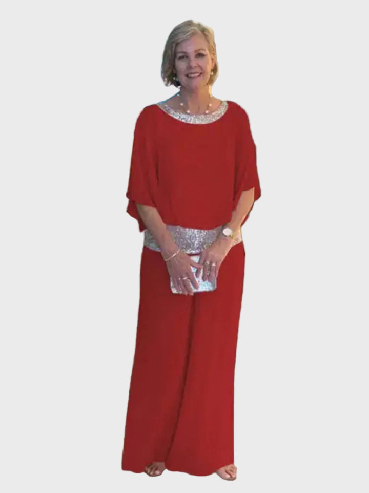 Blush Elegance Sequined Chiffon Pantsuit