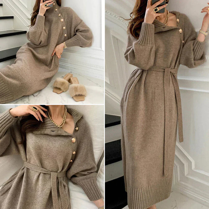 Luxe Knit Button-Detail Sweater Dress