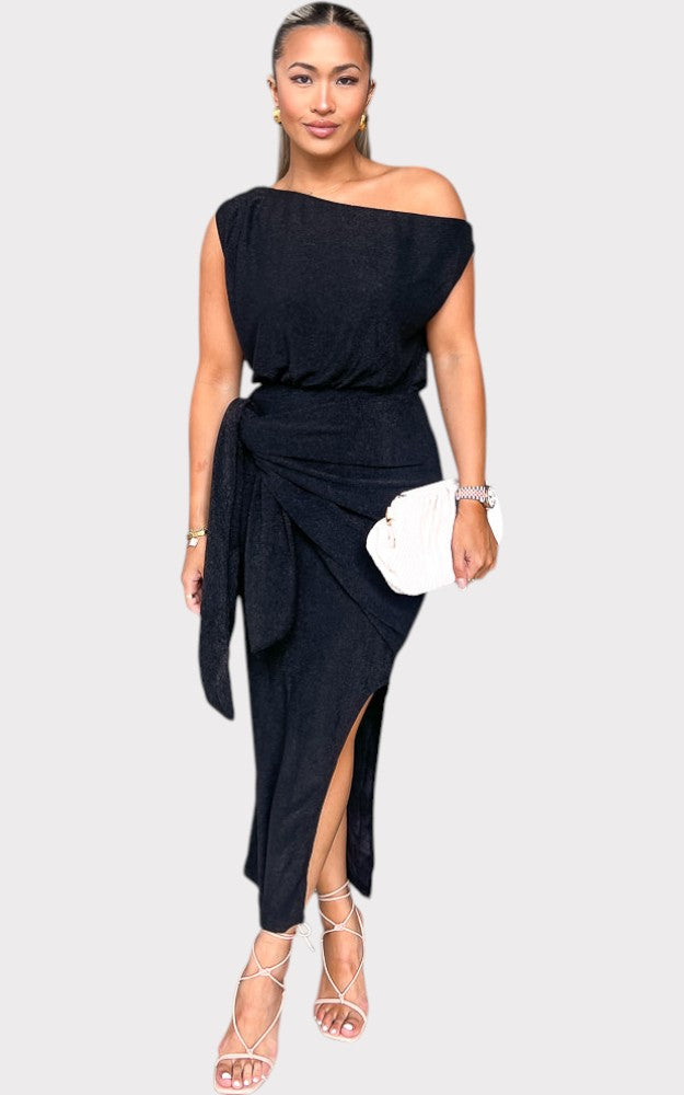 Black Asymmetric Off-Shoulder Wrap Tie Split Midi Dress