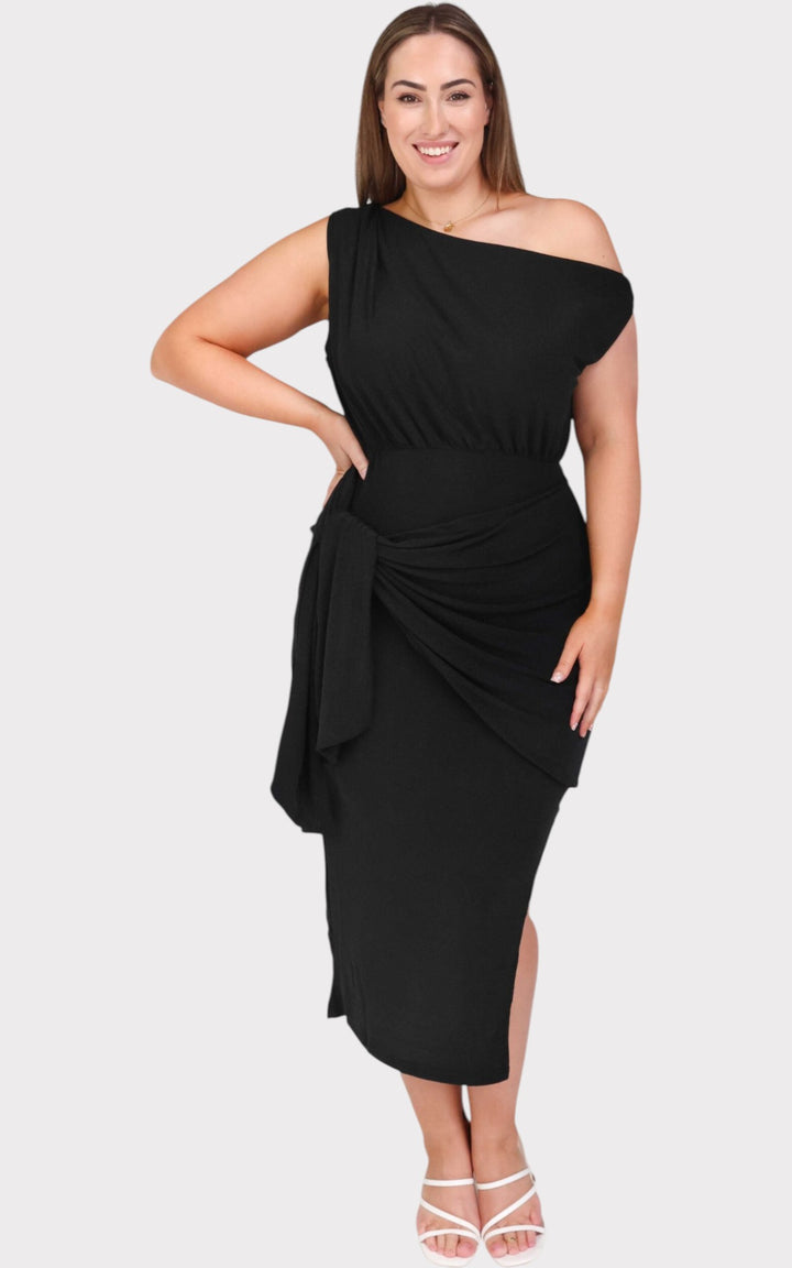 Black Asymmetric Off-Shoulder Wrap Tie Split Midi Dress