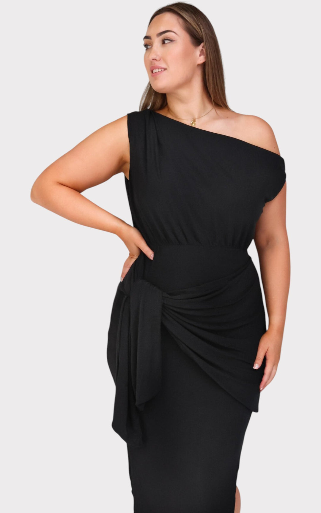 Black Asymmetric Off-Shoulder Wrap Tie Split Midi Dress