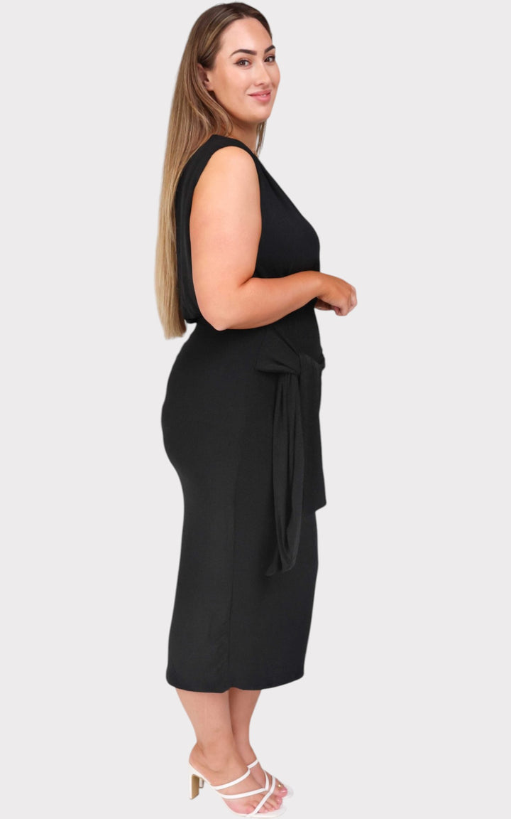 Black Asymmetric Off-Shoulder Wrap Tie Split Midi Dress