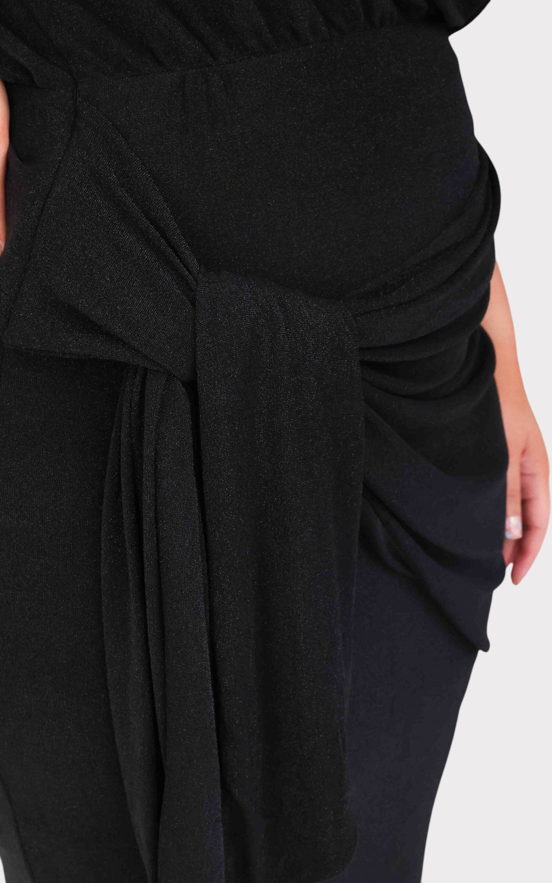 Black Asymmetric Off-Shoulder Wrap Tie Split Midi Dress