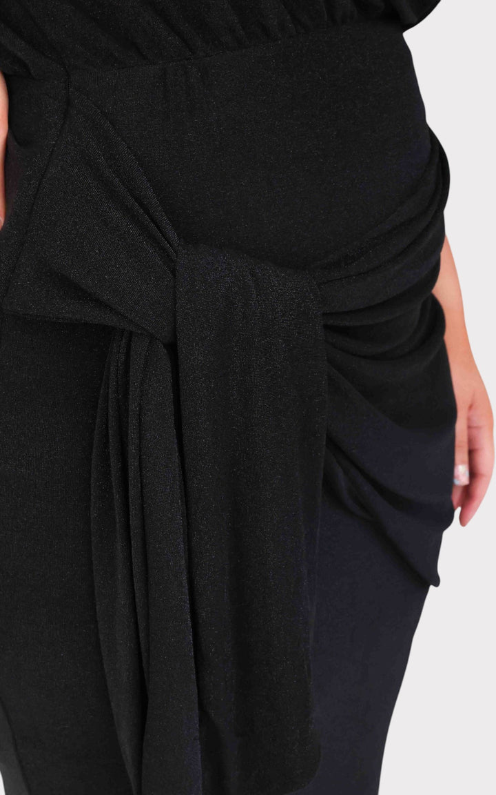Black Asymmetric Off-Shoulder Wrap Tie Split Midi Dress