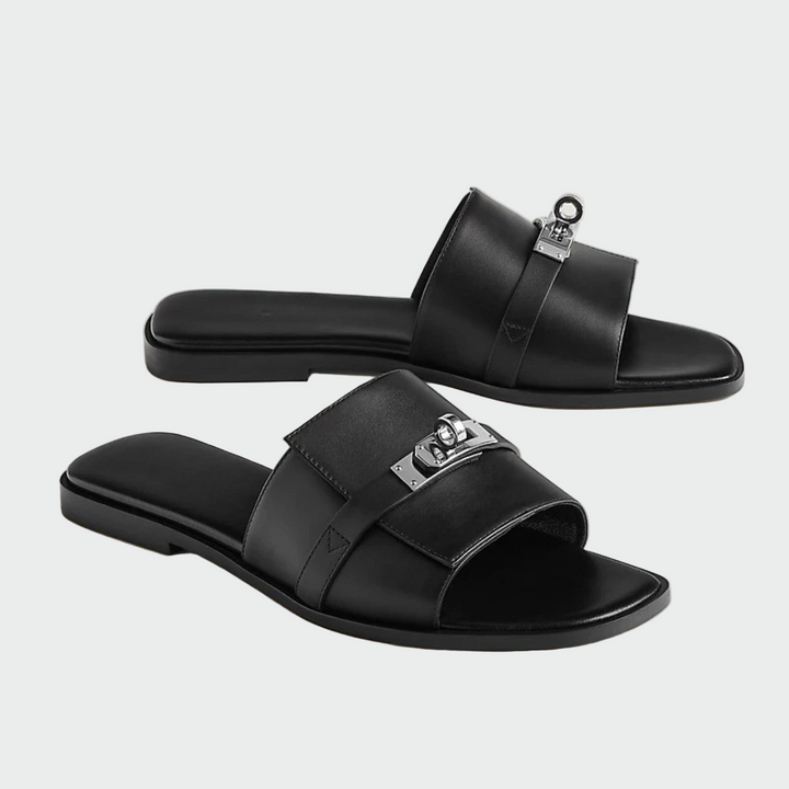 black leather buckle slides