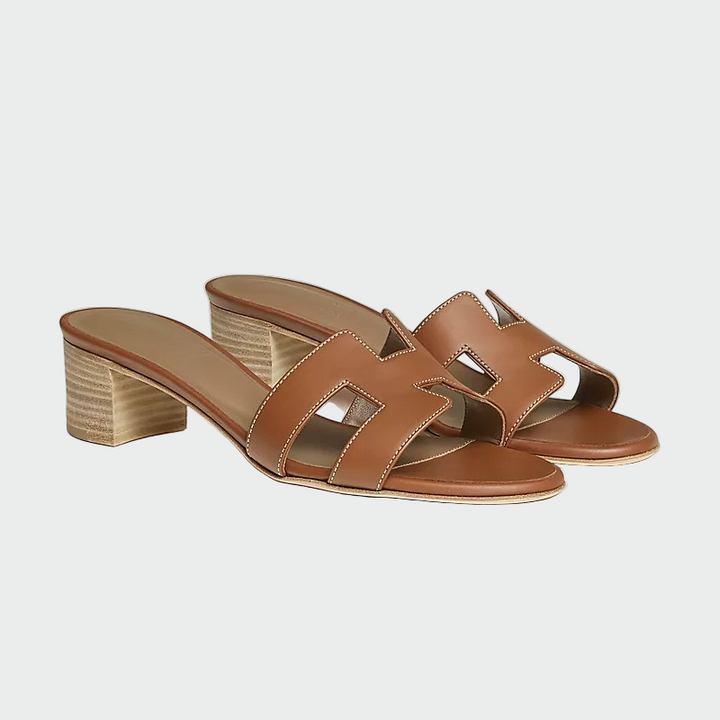 classic tan block mules