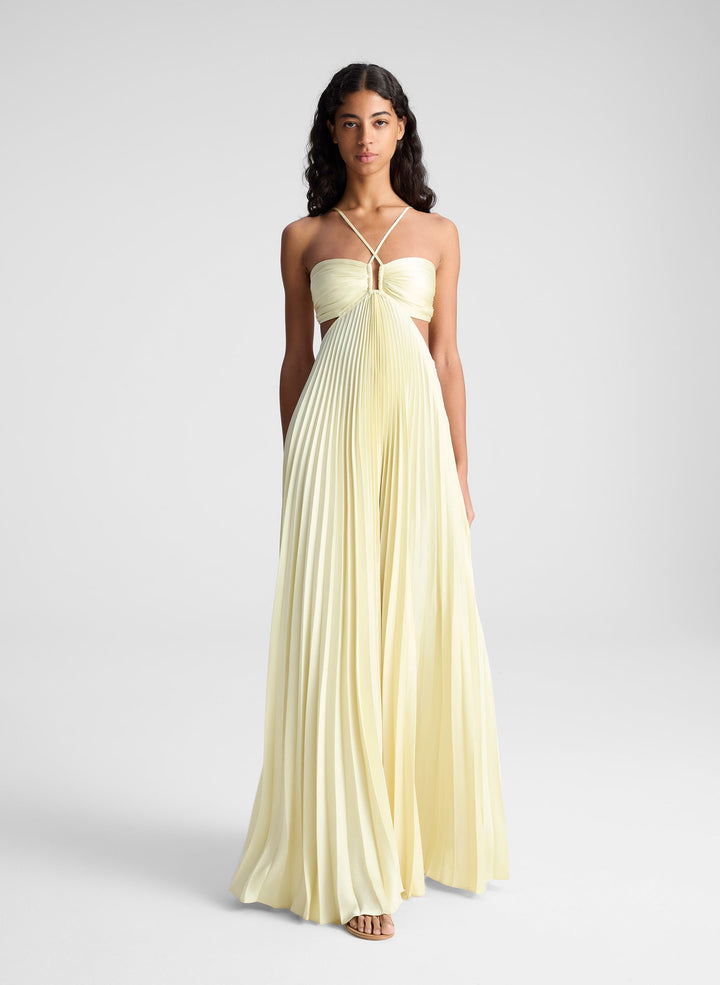 Golden Radiance Pleated Halter Maxi Dress